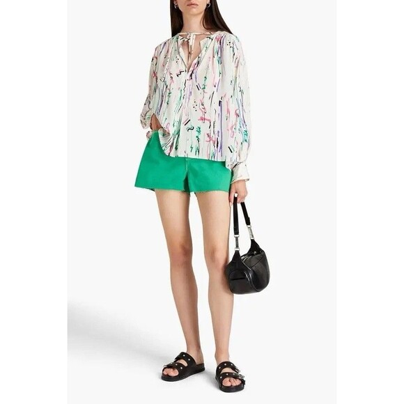 ISABEL MARANT Silk Amba Blouse Lightweight Top Sz 40 / 8 Ecru Printed Split Neck - Picture 3 of 11